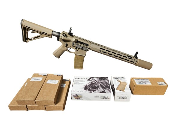 DCA Bundle - VFC KAC L403A1 KS-1 Gas Blowback Rifle with 6 Magazines, Genuine Magpul CTR and Grip, Angry Gun PRT Suppressor (Tan) 
